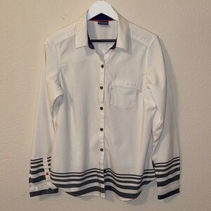 Columbia White Pocket Blouse Blue Stripes Sz. L